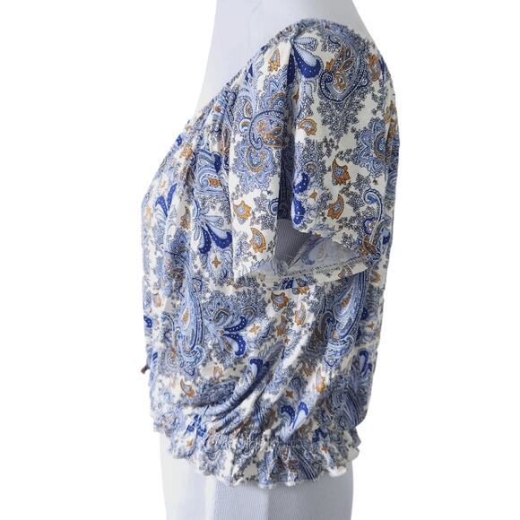 H&M Womens Peasant Shirt Medium Blue Floral Paisley Short Sleeve Blouse Bohemian - Picture 3 of 5